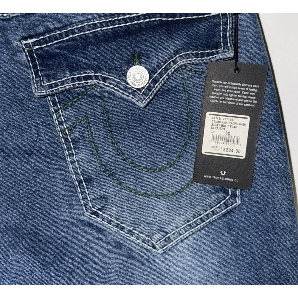 $204 True Religion Jeans Men's 32x34 Ricky Big T Flap Relaxed Straight Denim NWT